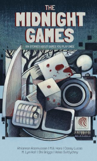The Midnight Games cover - selection of items including knife, phone, dice, splattered with blood