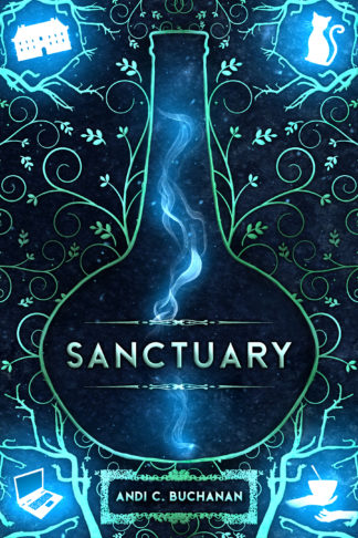 sanctuary book cover has a dark background with a bottle shape containing a whisp of smoke, greenish patterns, and in the corners glowing symbols: a house, a cat, a laptop, and a hand passing food