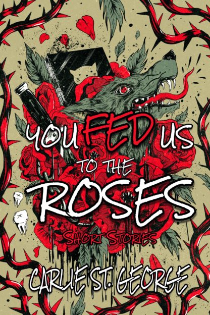 A colorful illustration of rose bushes surrounding a gray wolf's head and with a knife and a journal stuck in the roses